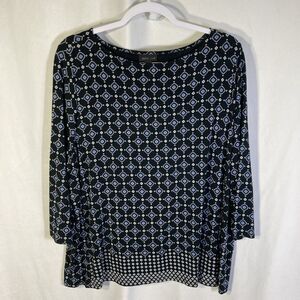 J JILL black blue white geometric cotton blend knit 3/4 sleeves top XL